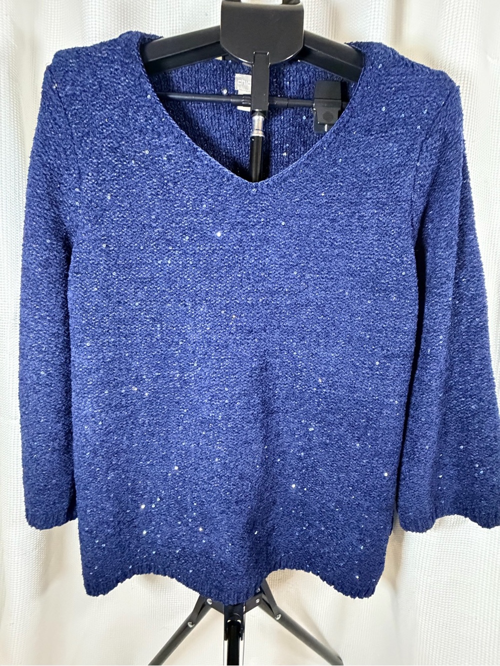 Chico’s navy blue sequins V-neck net pullover sweater size 3